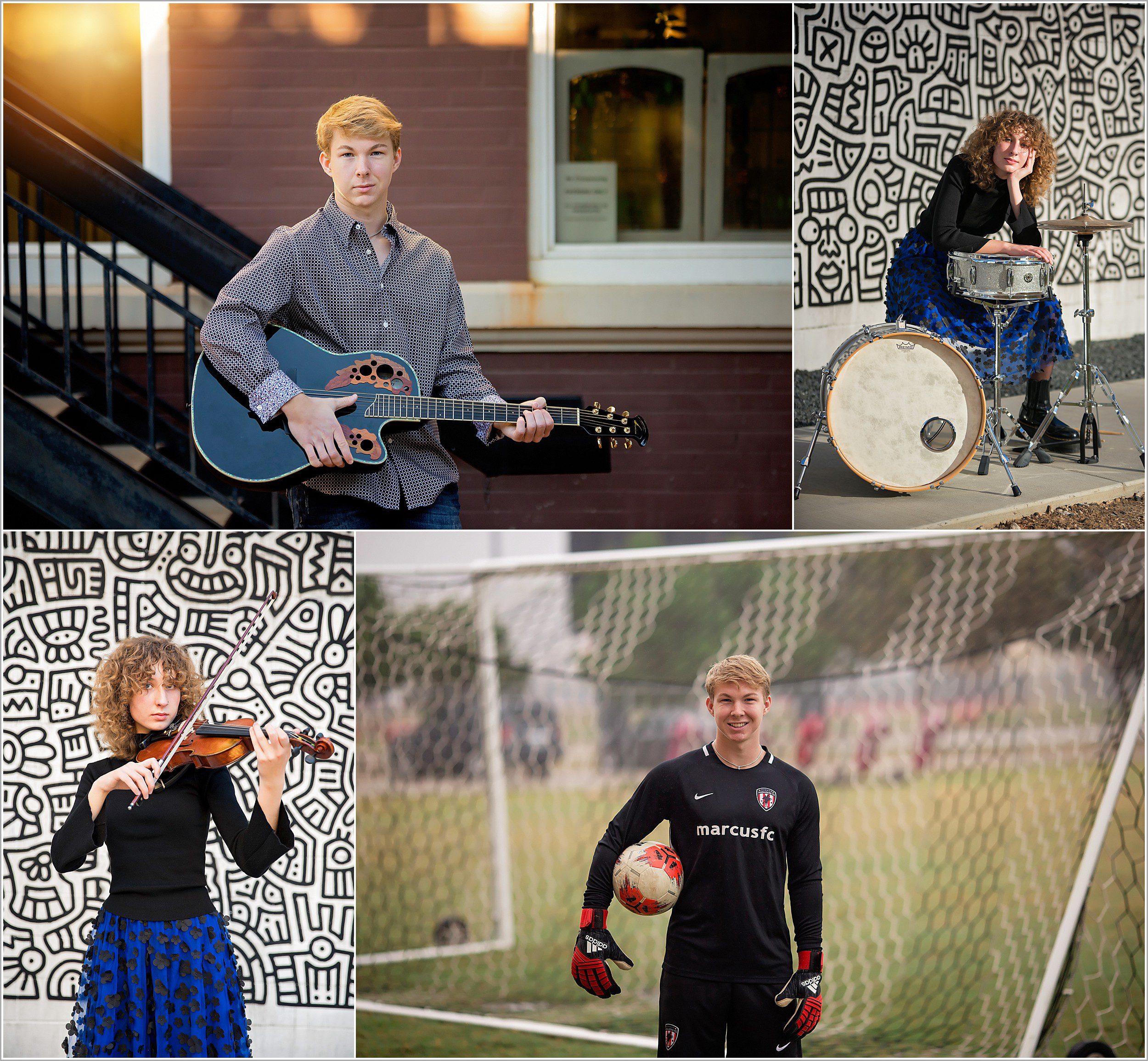 senior students with guitar, drums, violin and soccer ball