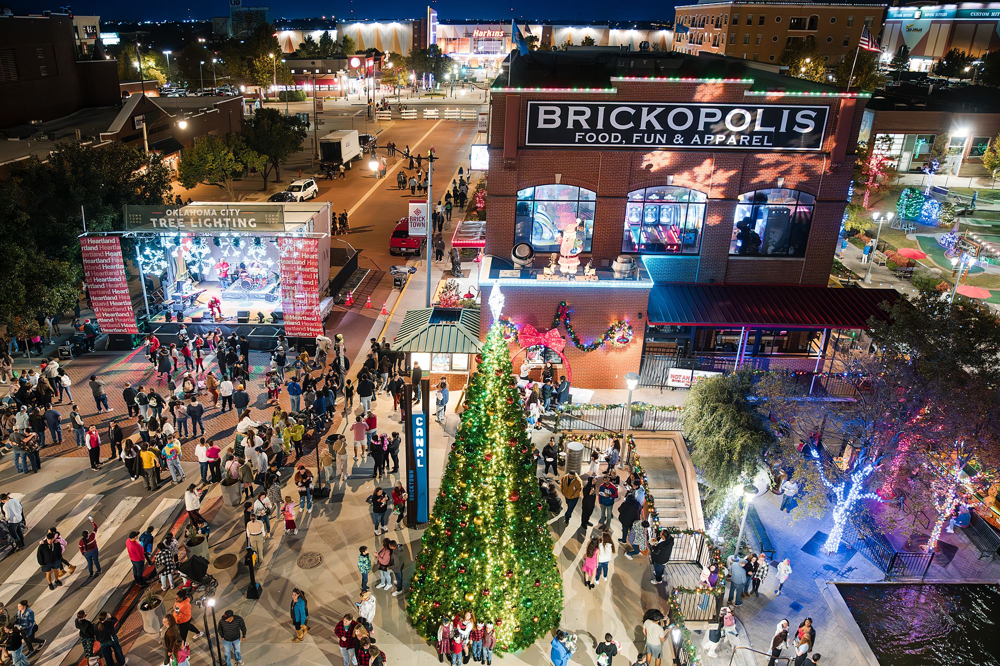 aerial view of Bricktown OKC at the tree lighting ceremony