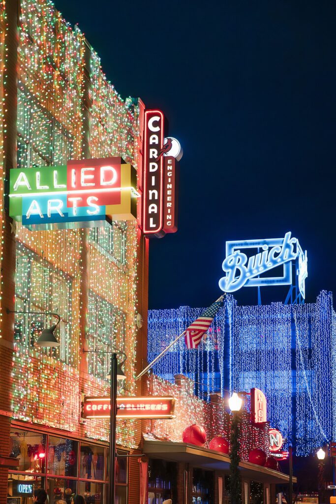 lights on broadway view of allied arts and Buick building
