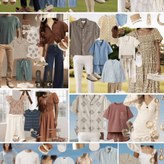 Animated style board collage of coordinated family outfits, shoes, and accessories from Missy Mayo Photography's complimentary Style and Select wardrobe styling service